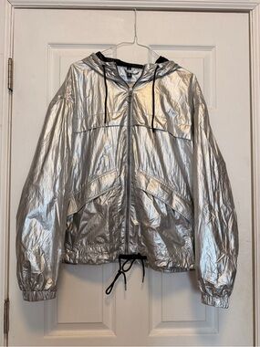 H&M Silver Metallic Hooded Bomber Jacket